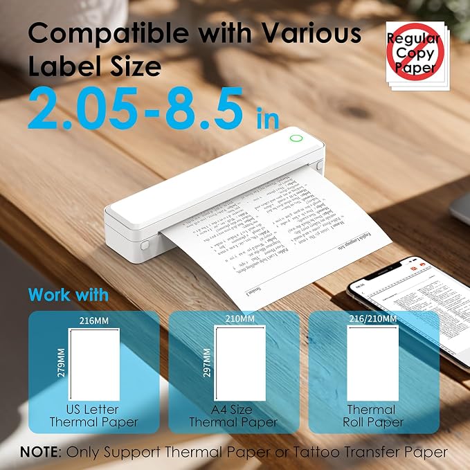 KNAON Portable Thermal Printer, Bluetooth A4 Printer Wireless for Travel, Home, Office&School, White