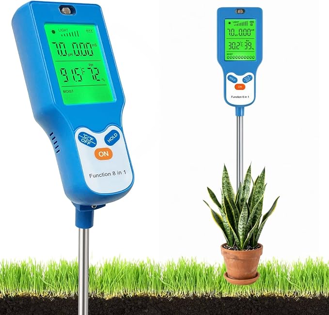 8-in-1 Soil Moisture Meter, Upgraded pH Tester with Backlit LCD, Digital Plant Monitor for Moisture, pH, Fertility, Light, Temp (℃/℉) & Humidity, for Garden, Farm & Indoor