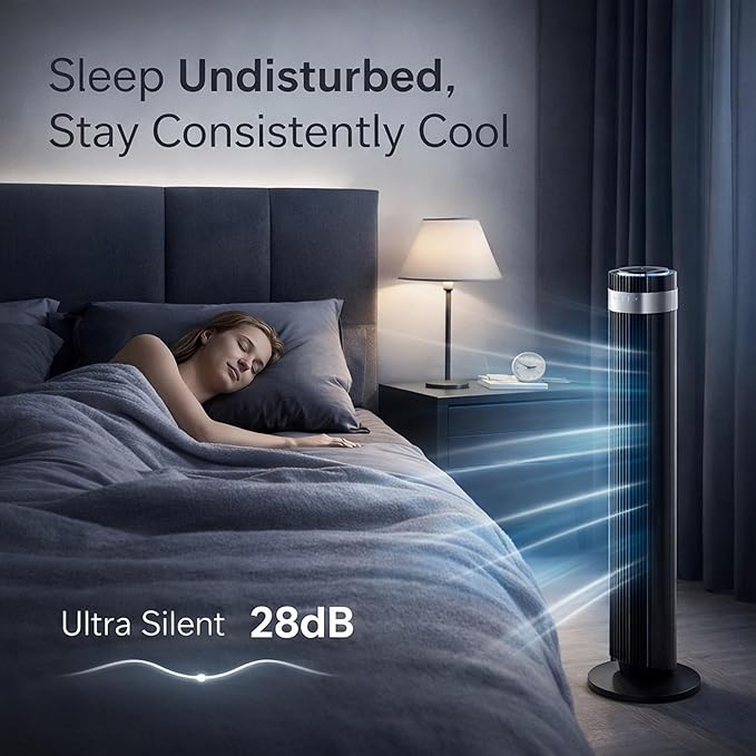 Tower Fan for Bedroom, Oscillating Bladeless Fan with Remote, 5 Speeds 4 Modes Quiet Fan 28dB, 22.3ft/s High Velocity,12H Timer, LED Display Cooling Fan Floor Standing Fan for Home Office, Dorm,Black