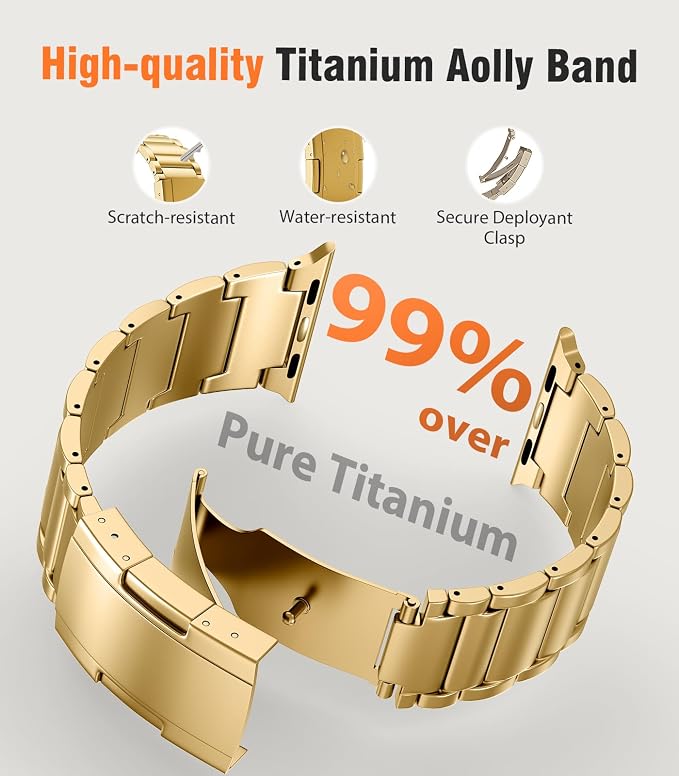 Titanium Band Replacement Compatible with Apple Watch Band Ultra 3 Ultra 2/Ultra 49mm,iWatch Series 11/10 46mm,9/8/7 45mm,SE3/SE2/SE/6/5/4 44mm,3/2/1 42mm, Gold