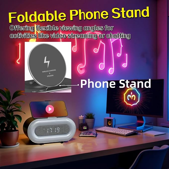 5-in-1 Portable Bluetooth Speaker with Dual Stereo Speakers, RGB LED Atmosphere Table Lamp, 15W Wireless Charging Station, Dimmable Clock, Foldable Phone Stand, Teen Boy Girl Trendy Stuff Gift
