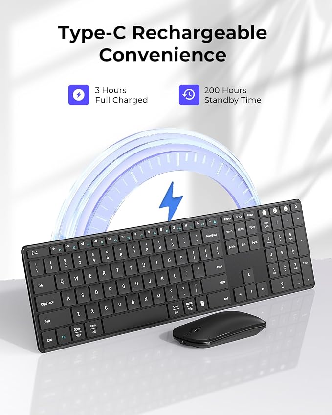seenda Wireless Bluetooth Keyboard and Mouse Combo, SKM64-3 Rechargeable Slim Quiet Keyboard Mouse, 3 Multi-Device Connection, Compatible for Windows 11/10 PC Laptop Mac MacBook iPad, Black