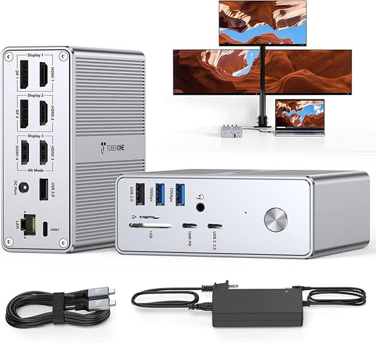 TobenONE 𝗗𝗶𝘀𝗽𝗹𝗮𝘆𝗟𝗶𝗻𝗸 𝗗𝗿𝗶𝘃𝗲𝗿 𝗥𝗲𝗾𝘂𝗶𝗿𝗲𝗱 Docking Station, Supports 3 Monitors, 10Gbps USB, 120W Power Supply, 18W Charging for Phone, Gigabit Ethernet, Audio,Compatible with macOS