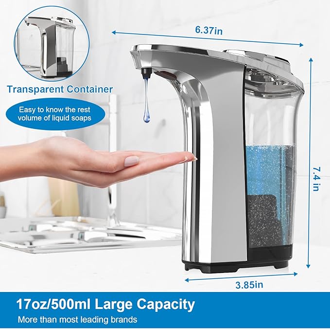 Automatic Soap Dispenser, Touchless Dish Soap Dispenser 17oz/500ml with Infrared Sensor, 5 Adjustable Soap Levels, Liquid Hand Soap Dispenser for Bathroom Kitchen (Silver 4 Pack)