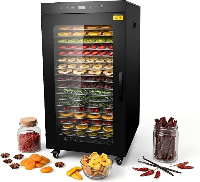 CLIVIA Commercial Food Dehydrator, 32.73 ft² Dehydrator with Wheel, 1600W Extra Large Capacity 20 Tray Industrial Meat Dryer for Jerky, Fruit, Dog Treats, 194°F Max Temp & 0-24H Timer