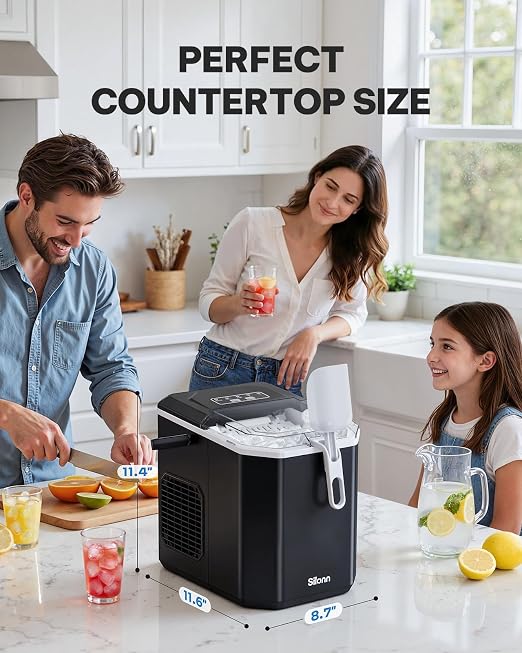 Silonn Countertop Ice Maker, Portable Bullet Ice Machine with Handle, 26 lbs/Day, 9 Ice Cubes in 6 Minutes, Self-Cleaning, Includes Basket & Scoop, for Home Kitchen Camping RV