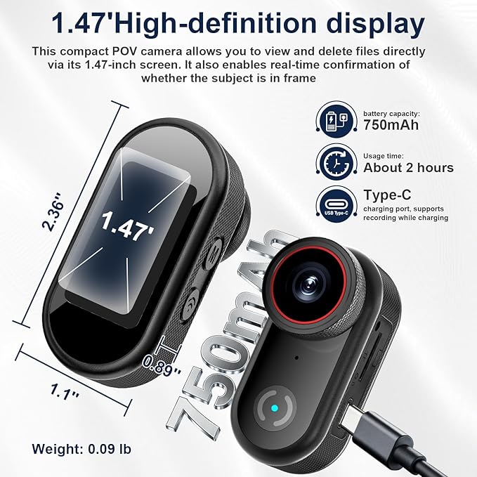 Mini Body Camera with 32GB Card, 4K Wearable Action Camera with 1.47” HD Screen, 140° Wide Angle, Magnetic Necklace & Mounts, APP Sharing, Loop Recording, POV Cam for Work, Sports, Pets & Daily Life