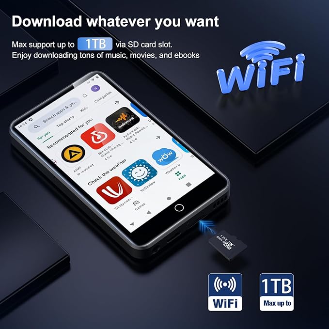 MP3 Player with Bluetooth and WiFi, ZAQE 80GB Storage & Android OS, 4" Touch Screen, FM Radio, Kids MP3 & MP4 Player with Spotify Google Play Store, Portable Media Player