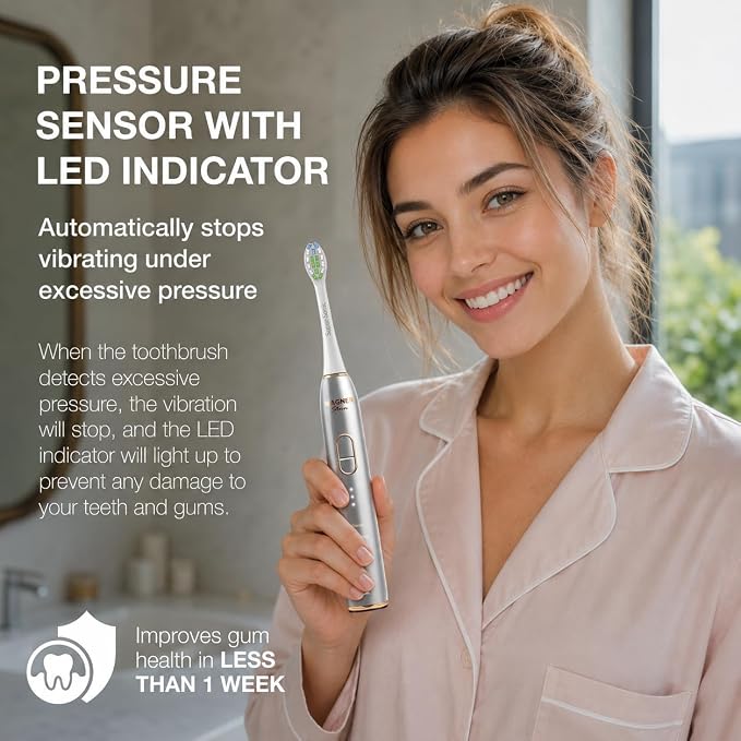 Wagner Stern IntelliBrush Series Whitening Electric Toothbrush with Pressure Sensor. Offers 4 Brushing Modes, 3 intensities, 8 Soft Brush Heads, and a Luxury Travel case.