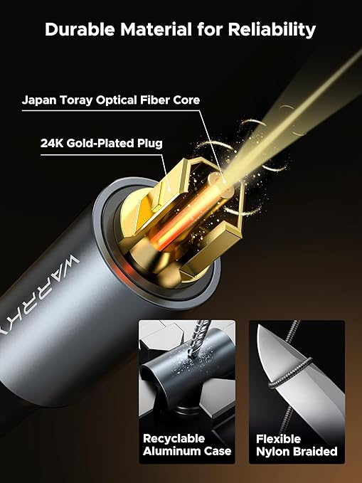 Warrky Optical Audio Cable, 10ft / 3m Optical Cable for Soundbar [Nylon Braided, Slim Metal Case, Gold-Plated Plug], Fiber Optic Audio Cord Compatible with Samsung, Vizio, LG, Bose, Sony, Sonos