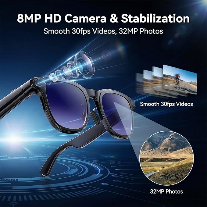 AI Smart Glasses with Camera, 8MP HD Bluetooth Camera Glasses, 1080P Video Recording Sunglasses for Women Men, Real Time Translation, Voice Assistant, Open Earbuds for Travel, Work Vlog (3 lenses)