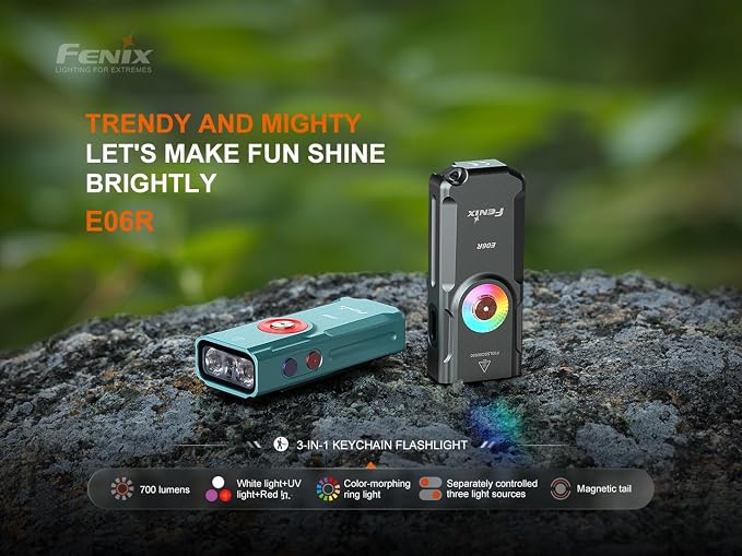 Fenix E06R 700 Lumen USB Rechargeable LED Keychain Flashlight/UV/Blacklight with EdisonBright Accessory case Bundle (Turquoise)