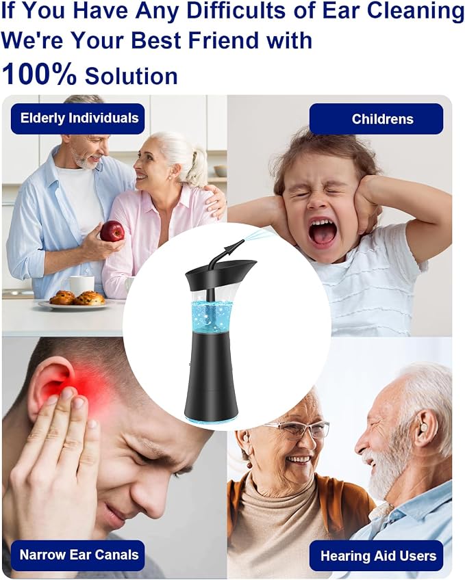 Upgraded Electric Ear Cleaner - Ear Irrigation Flushing System with 4 Pressure Mode, Temp Sensor, 16PSI, IPX7, 6 Replacement Nozzle, One-Hand Control Ear Cleaning Tool with Wastewater Separation