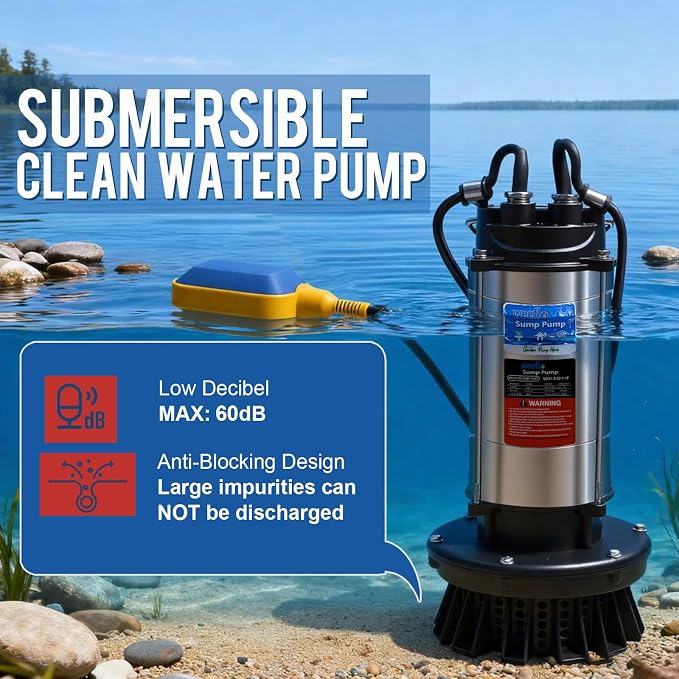 1.0HP Submersible Sump Pump Automatic Water Pump w/High Flow 4200 GPH 28ft Max Head, Irrigation, Swimming Pool, Garden Pond, Basement, Wells, 26ft Power Cord Stainless Steel(1HP/28FT)