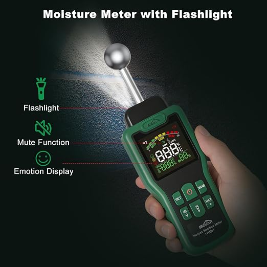 Moisture Meter, SQECH Pinless Moisture Meter with Thermometer, Flashlight, Alarm, Multifunctional Wood Moisture Meter with Color LCD, for Walls, Wood, Masonry, Caravans, Apartments