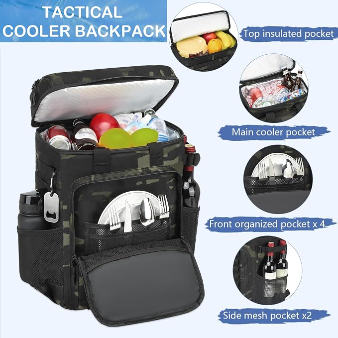 Tactical Cooler Backpack - 42 Cans Backpack Coolers Insulated Leak Proof for Men & Women, Soft Cooler Insulated Backpack for Lunch, Work, Camping, Hiking, Picnic, Beach & Travel