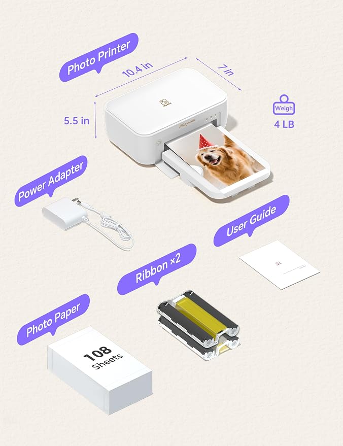 iDPRT 4x6 Photo Printer, CP4100 Photo Printer for iPhone & Android with 108 Sheets & 2 Cartridges, Wi-Fi Wireless Portable Picture Printer, Instant Print Photos, Dye Sublimation, White