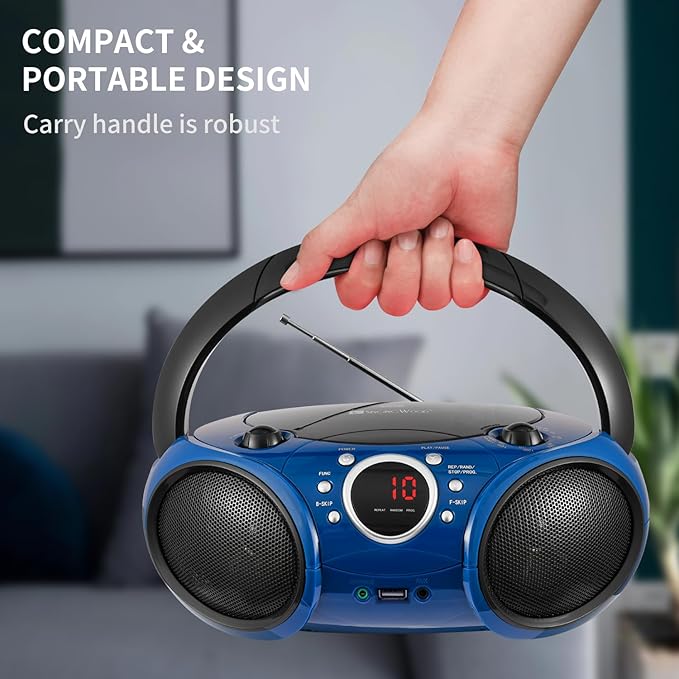 Singingwood Portable CD Player Boombox AM FM Radio, Bluetooth, USB Port CD-R/RW, MP3 CDs, 3.5mm Aux Input and Headphone Jack-Dual Power AC/Battery Stereo Sound System for Home & Outdoor (Blue)