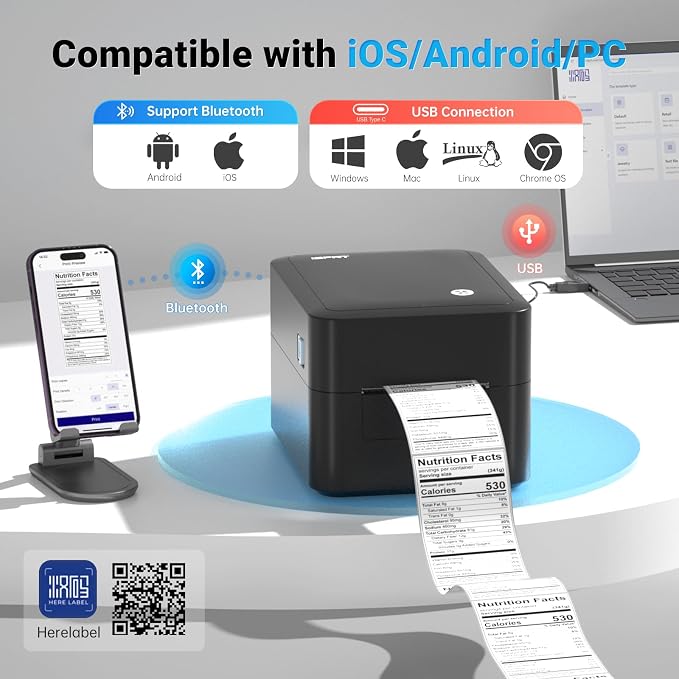 iDPRT SP320 Desktop Label Maker with 1 Roll of 300 pcs Thermal Label (1.97”×3.15”), Bluetooth Thermal Shipping Label Printer for Parcel Shipping, Small Businesses, Offices, and Home, Sticker Printer