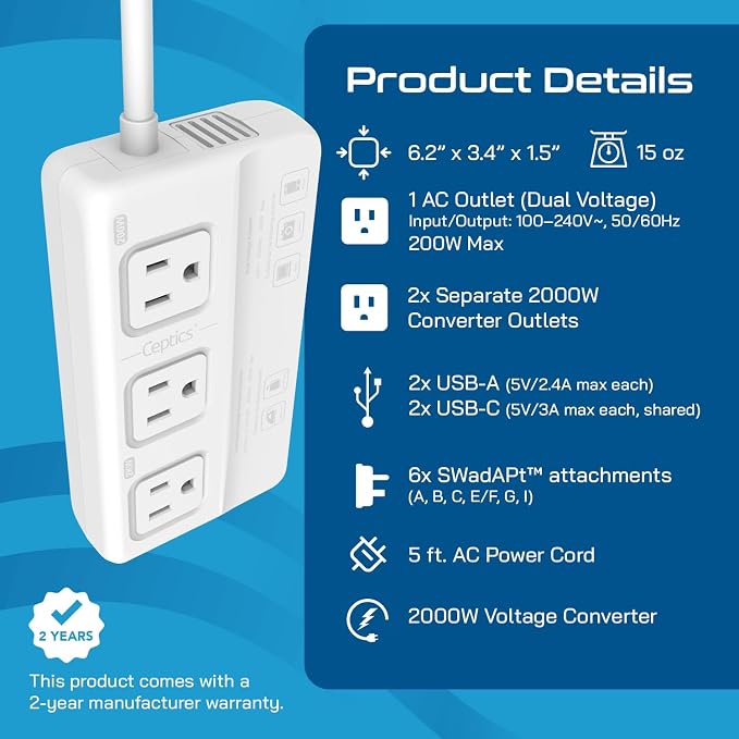 Ceptics 220v to 110v Converter for Travel, 2000W Voltage Converter US to Europe with 3 AC outlets, 4 USB Ports (2X USB-C) and 6 SWadAPt attachments