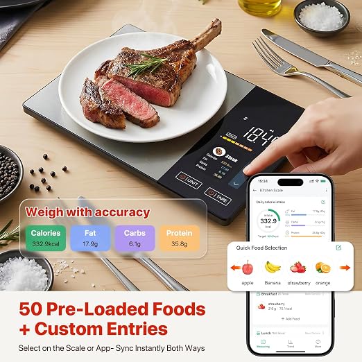 Smart Food Scale with Nutritional Calculator for Kitchen Tracks Calories, Fat, Carbs, Protein & Works with App for Healthy Eating Meal Prep, 50+ Foods & 23 Nutrients Built-in, TFT Display