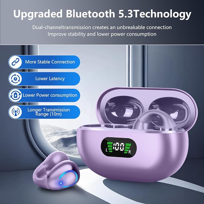 Ultra Open Ear Headphones Bluetooth 5.3 Wireless Bone Conduction Clip On Earbuds with Digital Display Charging Case 60 Hours Playtime Sport Earphones IPX7 Waterproof for Running Fitness Purple