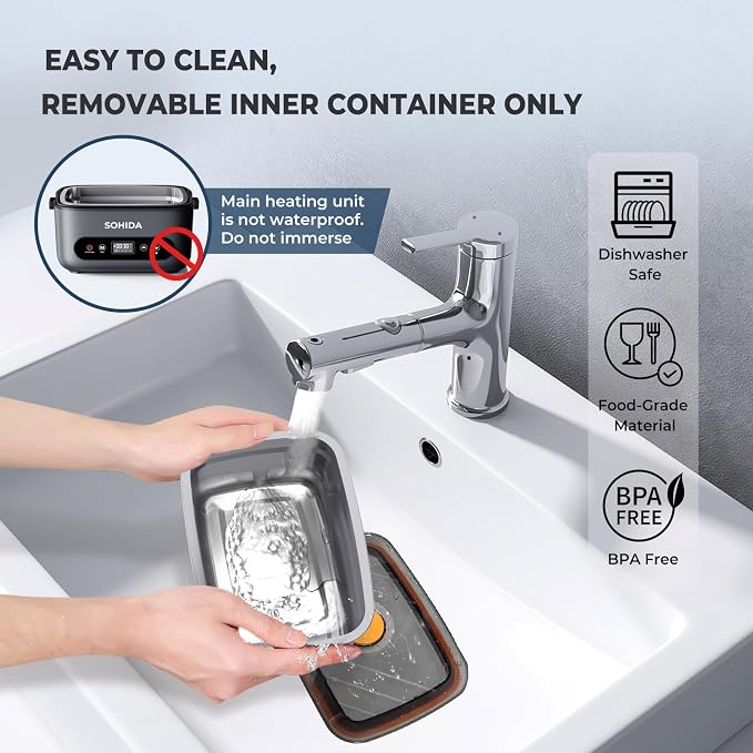 SOHIDA Cordless Heated & Electric Lunch Box for Adults – 100W 1.2L 24000mAh Rechargeable Battery, Portable Self-Heating Food Warmer for Car/Truck/Office/Worker