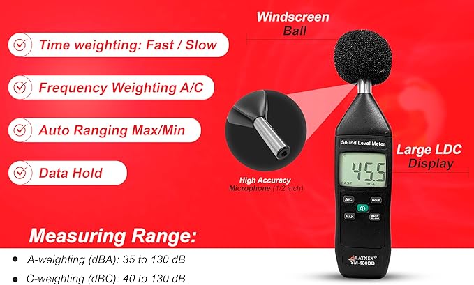 SM-130DB Digital Decibel Meter Reader and Sound Level Meter Type 2 with Calibration Certificate. Measurement Device for Environmental and Mechanical Noise Monitor - Manufacturing, Office, Classroom