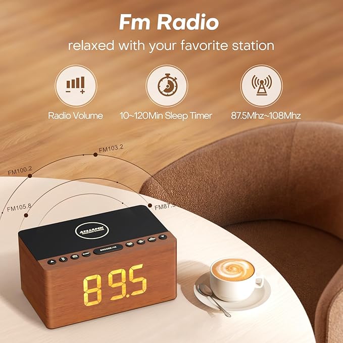 ANJANK Wooden Bluetooth Speaker, Alarm Clock with FM Radio, Qi Certified Fast Wireless Charging Station for iPhone/Samsung, USB Charger Port, Dimmable Display, Digital Wood Clock for Bedroom, Bedside