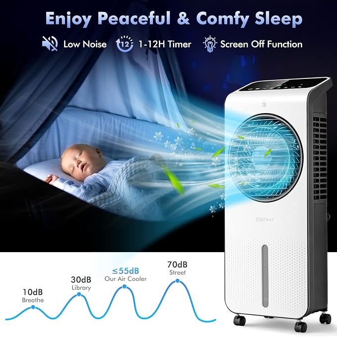 COSTWAY Evaporative Air Cooler, 3-in-1 Portable Swamp Cooler w/Fan & Humidifier, Air Cooling Fan w/ 360° Rotating Fan Blade, 3 Modes, 24 Speeds, 12H Timer, 2 Ice Packs, LED Display, Remote Control