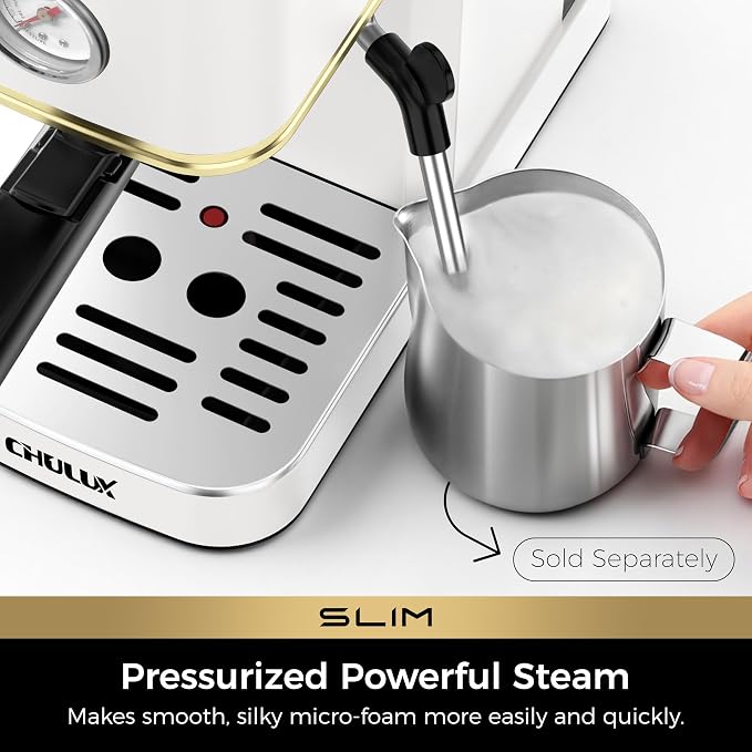 CHULUX Slim Espresso Machine with Milk Frother, 20 Bar Professional Italian Pump Espresso Coffee Machine for Home Cappuccino & Latte Maker, Stainless Steel, White and Gold