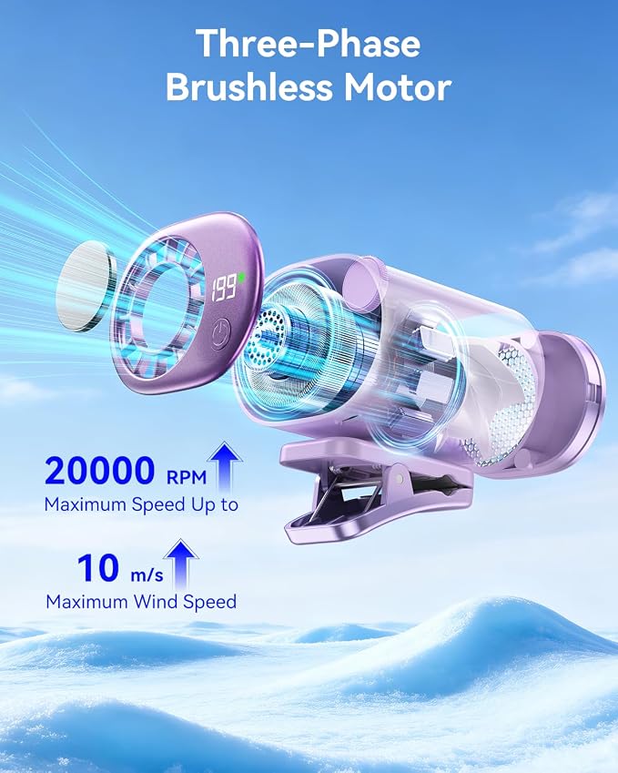 Clip-On Portable Fan with Ice Cooling, 20000 RPM Rechargeable Handheld Turbo Fan, 360° Rotating Detachable Clip, Mini Stroller Fan for Baby, Compact Travel Essentials, Summer Gifts for Women,Purple