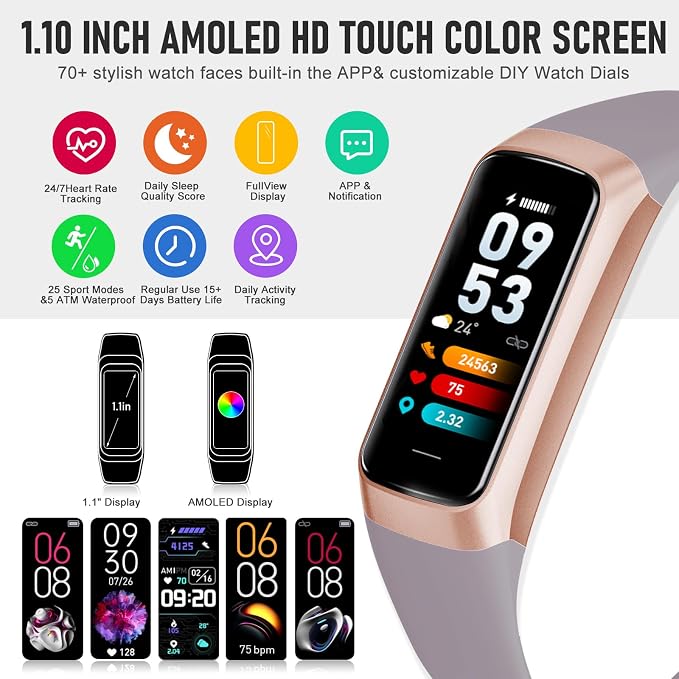 Fitness Tracker with 24/7 Heart Rate, Health Tracker with Calories Sleep Monitor, 1.10''AMOLED Touch Color Screen, Step Counter Activity Pedometer Smart Watch for Women Men