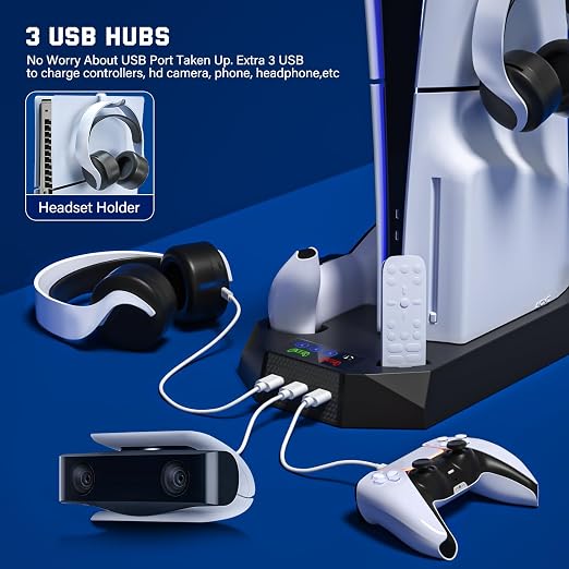 PS5 Slim Cooling Station with Controller Charging Station for PlayStation 5 Console Slim&Standard Disc/Digital, PS5 Cooling Stand Accessories with Cooler Fan/3 USB Hubs/Media&Headset Holder - Black