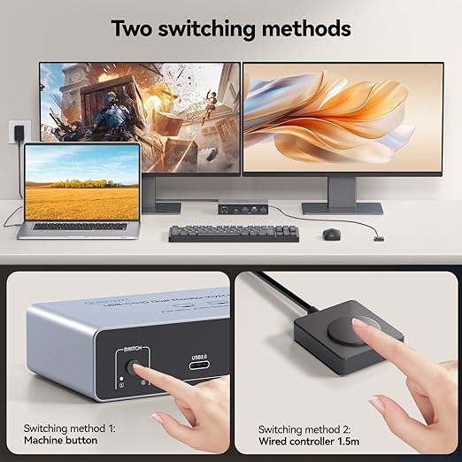 KVM Switch 2 Monitors 2 Computers USB C, Desktop + Laptop Dual Monitor KVM Switch, Support 4K@60Hz with PD Power Function for Laptop, Suitable for Office/Work from Home, Programmer Setup, AI Worker