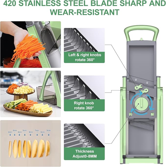 [All in 1] Upgraded Version Safe Mandoline Slicer for Kitchen, Adjustable Thickness. Veggie Slicer, Rapid Prep Mandoline, Detachable Blade, Cleaning Brush (Green)
