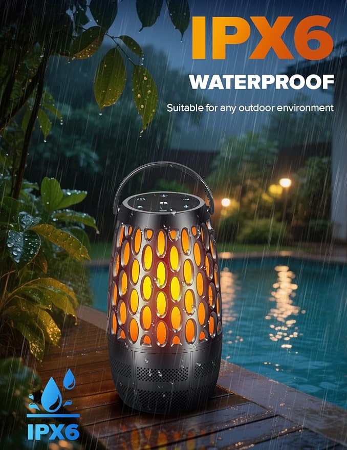 Outdoor Speakers with Flame & RGB Lights, 10W HD Stereo, Bluetooth 5.3 Auto-Pairing, Multi-Sync 100+ Speakers, IPX6 Waterproof, Perfect for Patio, Pool, Party | Gifts for Men & Women (2Pack)
