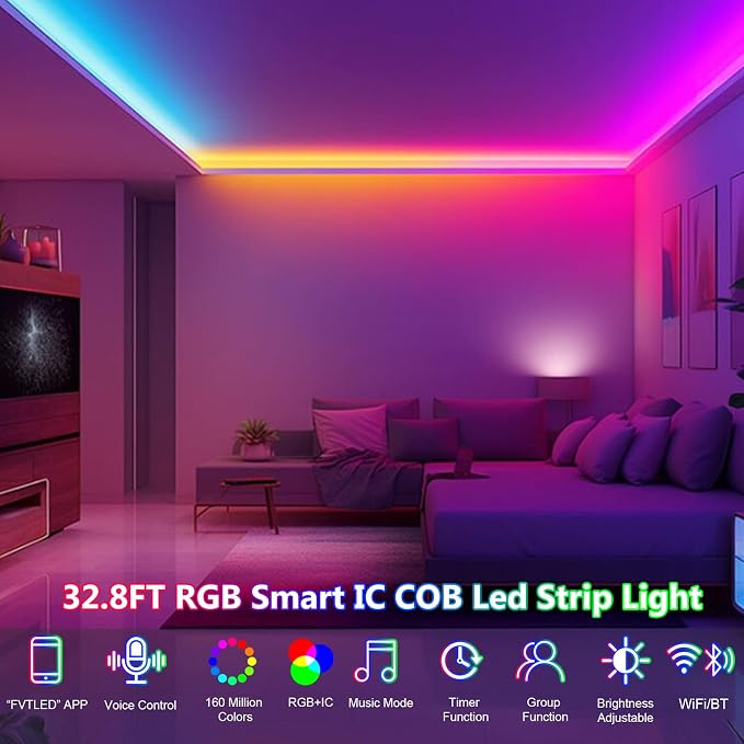 COB Led Light Strip RGB Smart IC Addressable 32.8FT, 24V Led Tape Lights with WiFi Bluetooth APP Remote Control, 10mm Width Flexible Color Chasing Light for TV Backlight Bedroom Party