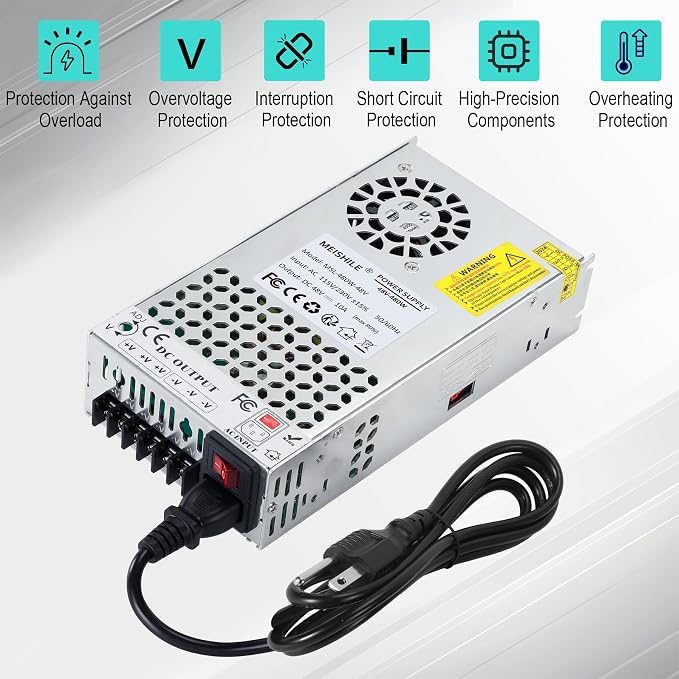 48V 10A 480W Switching Power Supply Adapter AC to DC Transformer Converter for LED Driver Strip Light Lamp, Amplifier, Machine, 120V 110V to 48Volt 5A 10A