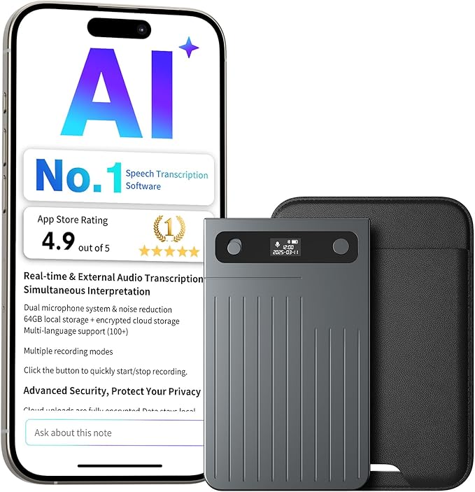 AI Voice Recorder, AI Note Taker 64GB with App Control, AI Technology Transcribe & Summarize Free, 121 Languages, Audio Recorder Device for Meetings & Calls, Ultra-Slim/Display, Magnetic Case, Grey