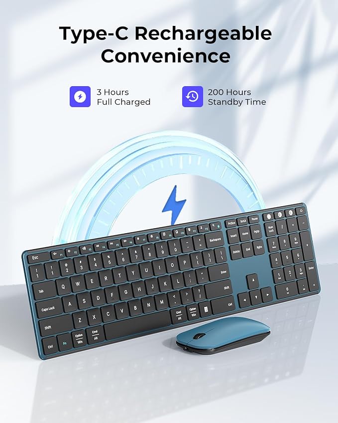 seenda Wireless Bluetooth Keyboard and Mouse Combo, SKM64-3 Rechargeable Slim Quiet Keyboard Mouse, 3 Multi-Device Connection, Compatible for Windows 11/10 PC Laptop Mac MacBook iPad, Black Blue