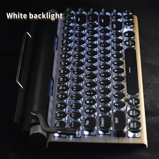 Adventurers Typewriter-Style Retro Mechanical Keyboard LED Backlight 83 Keys Bluetooth 5.0 Blue Axis Wood Color Panel Compatible with iOS/Android/Windows/Vista/Linux/Mac Office/Gaming, 12.8x6.6x1.6in