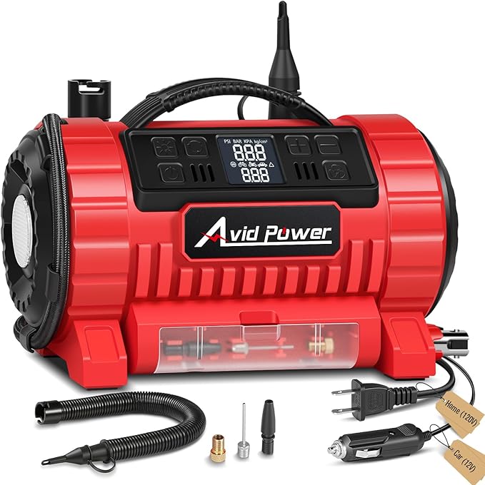 AVID POWER Tire Inflator Portable Air Compressor, 12V DC/110V AC Car Tire Pump with Inflation and Deflation, 5 Preset Modes, Digital LCD Pressure Gauge for Car Tires, Air Mattress and Small Inflatable