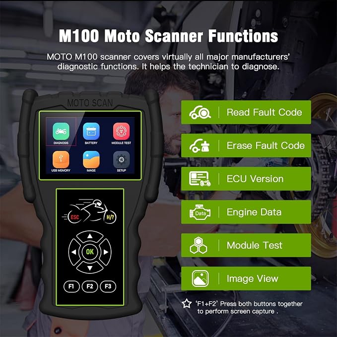Motorcycle System Engine Diagnostic Test Tool M100 Pro Moto Scanner Code Readers Scan Tools Dual System Detection Moto Scanner+Battery Tester Multilingual with 16 Model Cables Standard Version