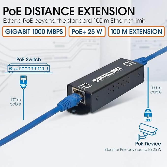 Intellinet 1-Port Indoor Gigabit PoE+ Extender Repeater – 25W Power Budget via Cat5e Cat6 RJ45 Ethernet Network Cables, Daisy-Chain – 3 Yr Mfg Warranty - 560962