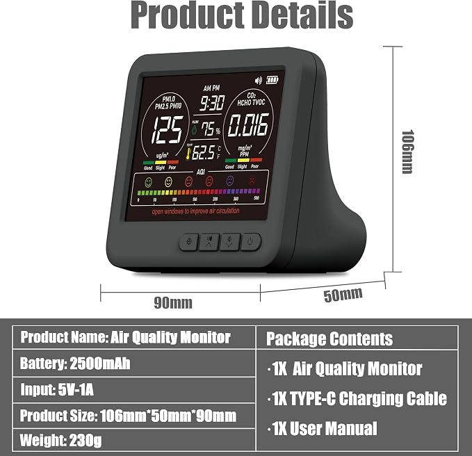 Professional 16-in-1 Portable Indoor Air Quality Monitor with AQI Reminder, Real-Time Air Detector for Home, Bedroom, Office, Car & Daily Use