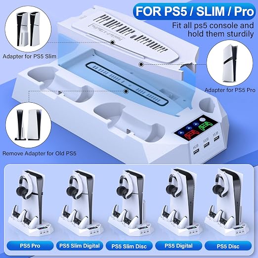 PS5/Slim/Pro Cooling Station for PlayStation 5 Console Disc/Digital Edition - PS5 Slim Pro Cooling Stand with Controller Charging Station Accessories-Cooler Fan/Headset Holder/3 USB Hub, White