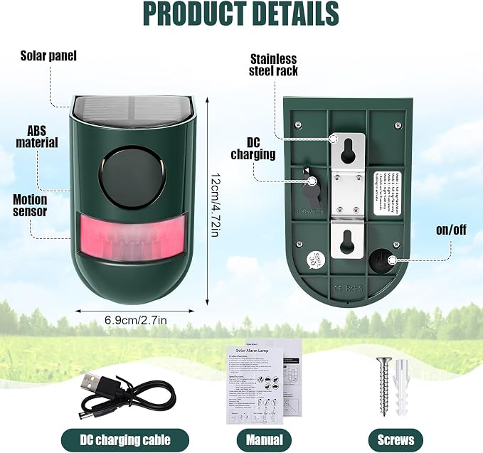 Qualirey Solar Sound and Light Alarm Motion Sensor 129db Outdoor Security Siren Waterproof Activated Detector Driveway Alarm 6 LEDs Flash Warning Deterrent Strobe System for Home, Farm(Green,6 Pack)