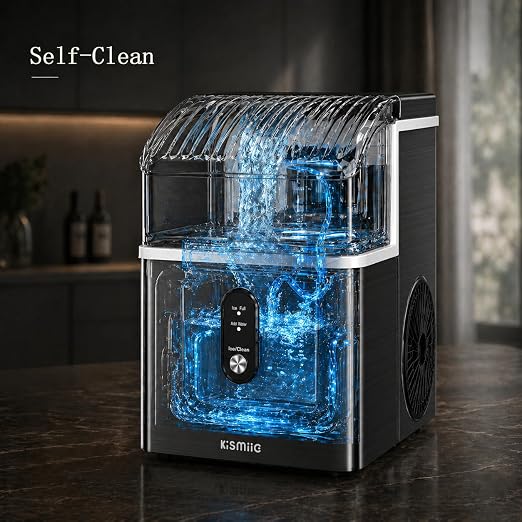 Kismile Nugget Ice Maker Countertop, Sonic Ice Maker with 35Lbs/24H, First Ice in 7 Mins, 1.2L Water Tank, Ice Basket Holds 2.2Lbs, Self-Cleaning Pebble Ice Machine for Home Kitchen Office Bar(Black)