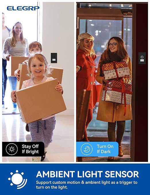 ELEGRP Smart Motion Sensor Switch, 2.4GHz Wi-Fi 3 Way Light Switch Compatible with Alexa & Google Assistant, APP Remote Control, Neutral Wire Required, UL Certified, No Hub Required (Black, 4 Pack)